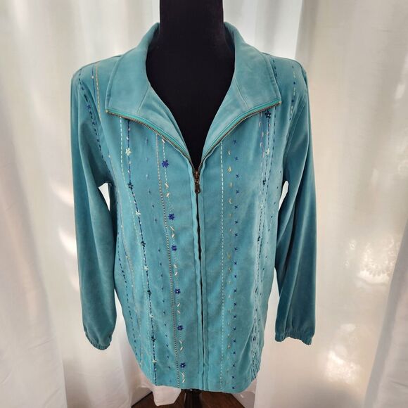 Koret Womens Embroidered Faux Suede Jacket Size S Teal Floral Granny Core - Picture 1 of 13